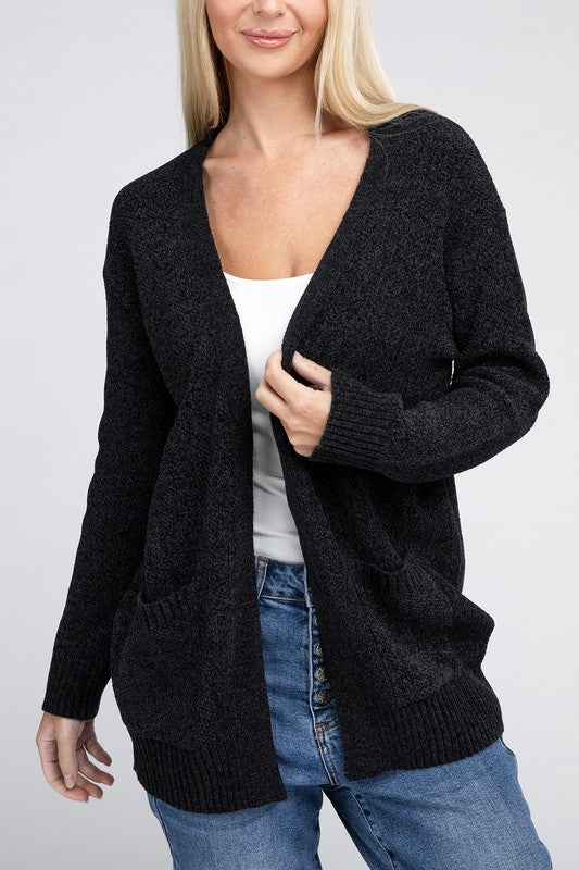 Melange Open Front Sweater Cardigan with Front Pockets