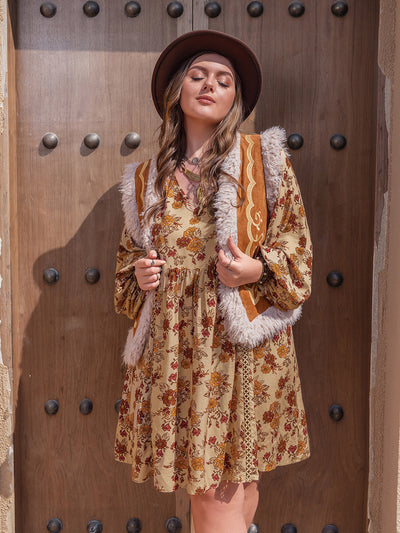 Tan Plus Size Printed V-Neck Balloon Sleeve Mini Dress