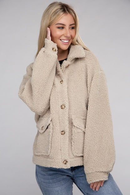 Cozy Sherpa Button-Front Long Sleeve Jacket