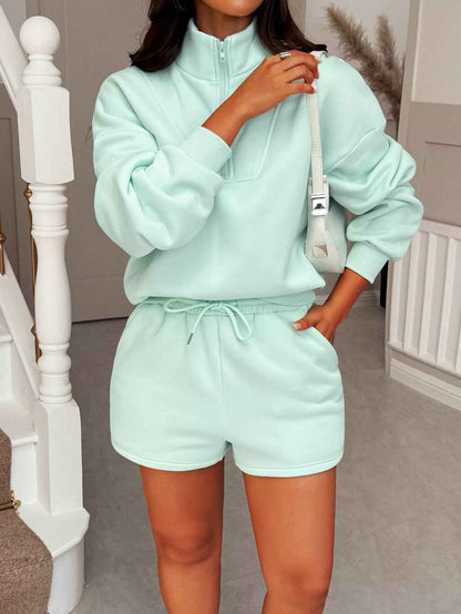 Zip-Up Sweatshirt & Shorts Set - Casual Loungewear - Fashions Envy