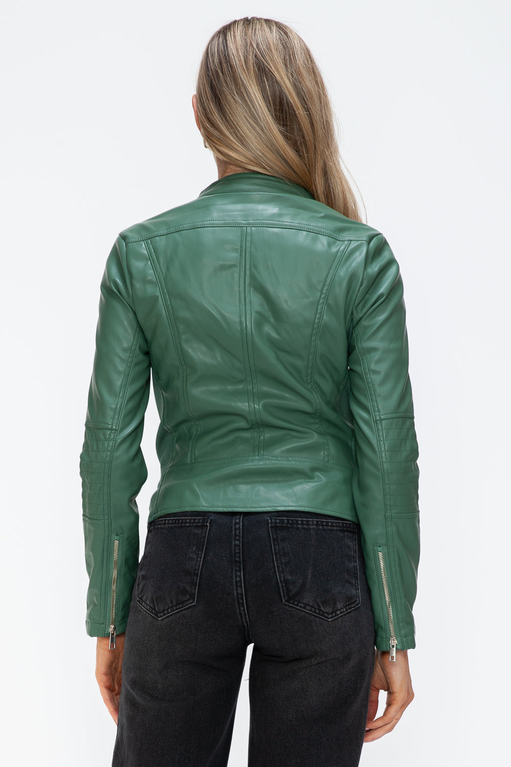 Sage Faux Leather Zip Up Drawstring Hooded Jacket