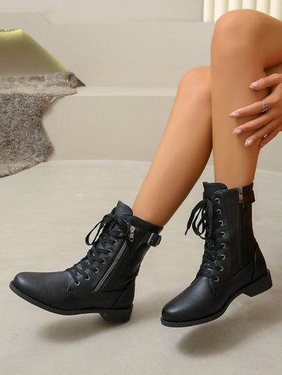 PU Leather Lace-Up Low Heel Zipper Boots