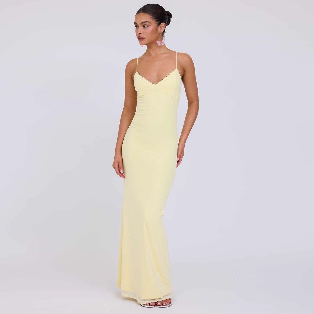 Slim-fit Contrast Colors Backless Sling Maxi Dress