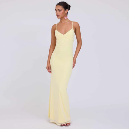 Slim-fit Contrast Colors Backless Sling Maxi Dress