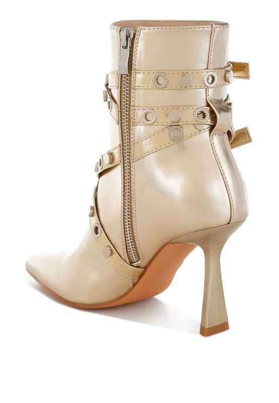 Marinta Metallic Slim Flared Heel Strappy Boots