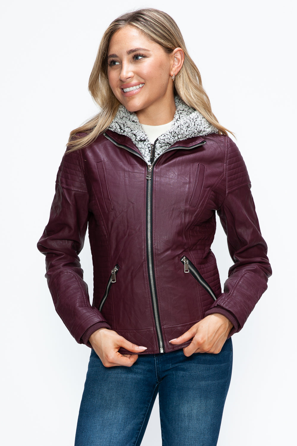 Wine Faux Layered Double-Zipper Jacket with Fuzzy Hood