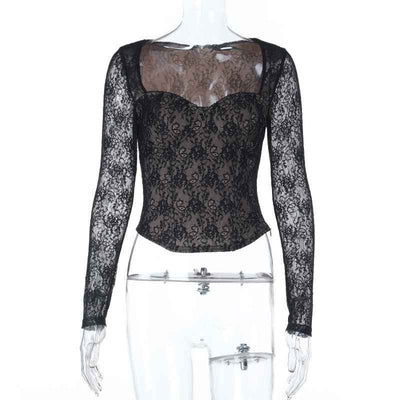 Black Lace Long Sleeve Top - V-Neck Waist Cinched Slim