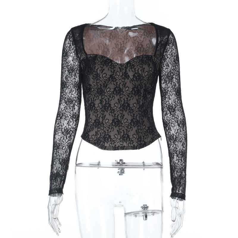 Black Lace Long Sleeve Top - V-Neck Waist Cinched Slim
