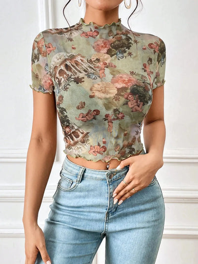 Abstract Print Ruffled Mock Neck Crop T-Shirt - Fashions Envy