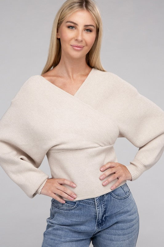 Cross-Wrap Viscose Long Sleeve Pullover Sweater