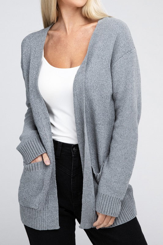 Melange Open Front Sweater Cardigan with Front Pockets