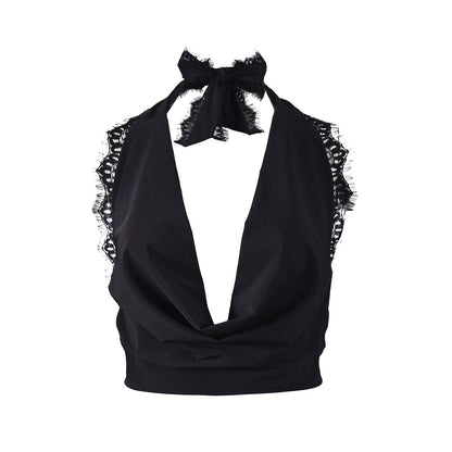 Backless Halter Crop Top - Deep V-Neck Black Style