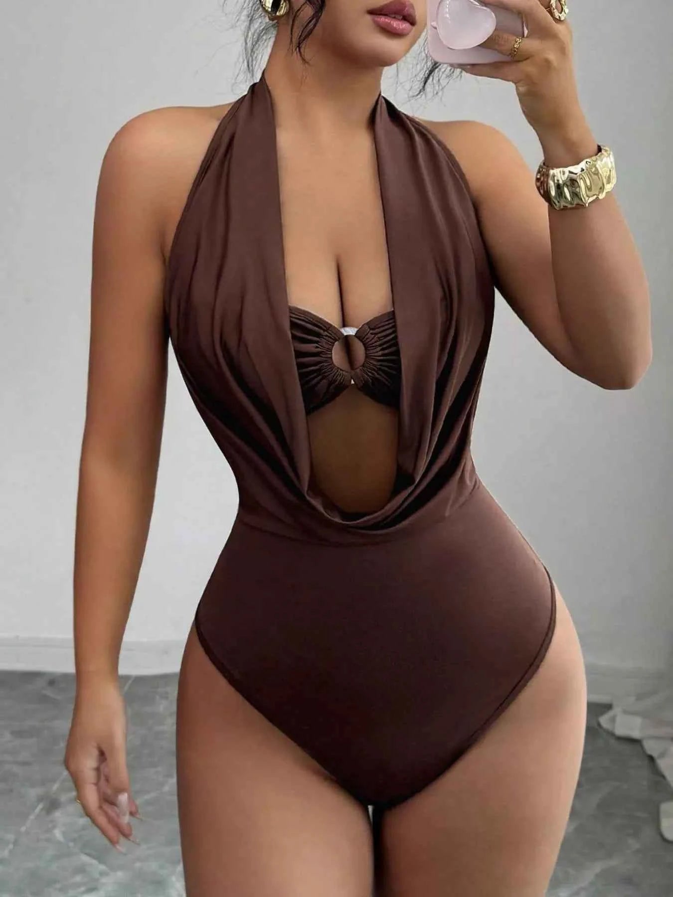 Halter Neck Ruched Ring Detail Bodysuit