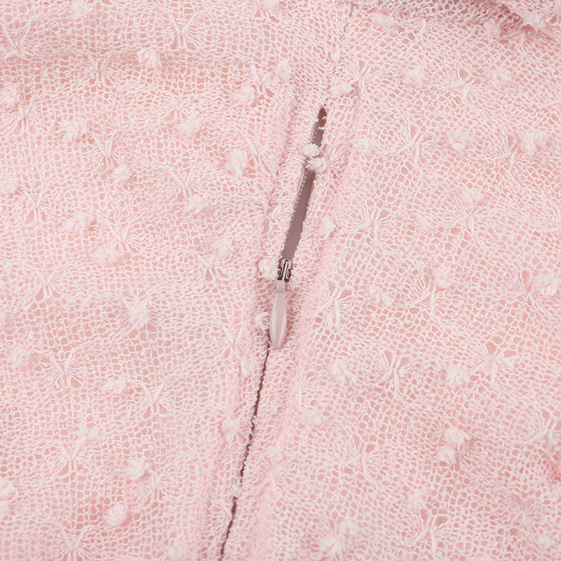 Off-Shoulder Mini Dress - Pink Lace Long Sleeve - Fashions Envy