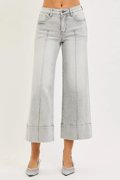 RISEN Tummy Control Mid Rise Crop Wide Pintuck Front Jeans - Fashions Envy