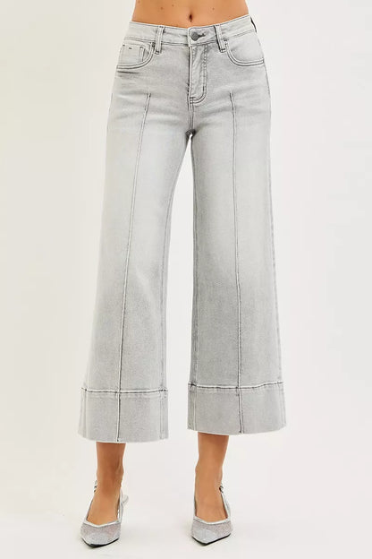RISEN Tummy Control Mid Rise Crop Wide Pintuck Front Jeans - Fashions Envy