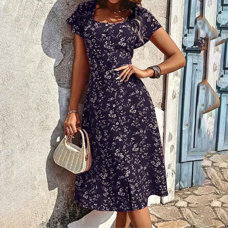 Bohemian Floral Print Midi Dress - Flowy Button Up
