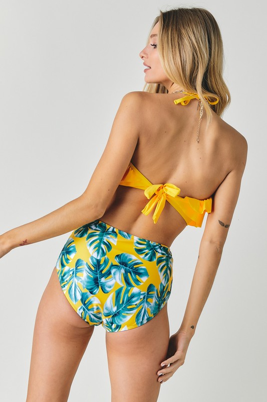 Solid Ruffle Top And Printed Bottom Bikini Swimsuit