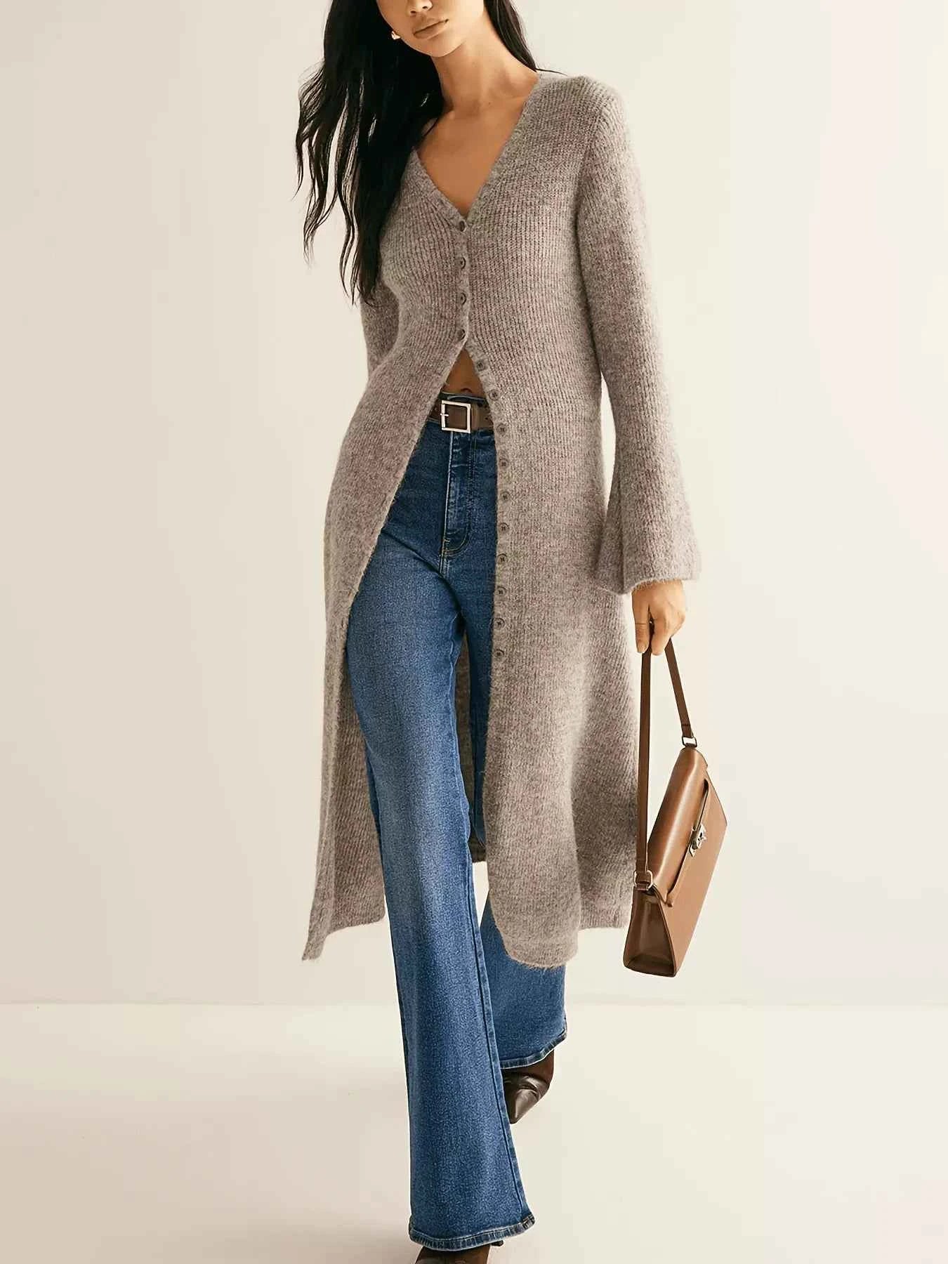 Longline Button-Down Bell Sleeve Cardigan