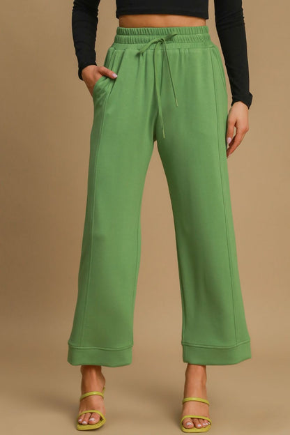 Green Drawstring Wide Leg Pants with Pockets