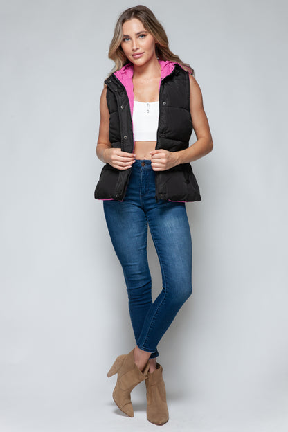 Black/Rose Violet Snap and Zip Closure Hooded Vest