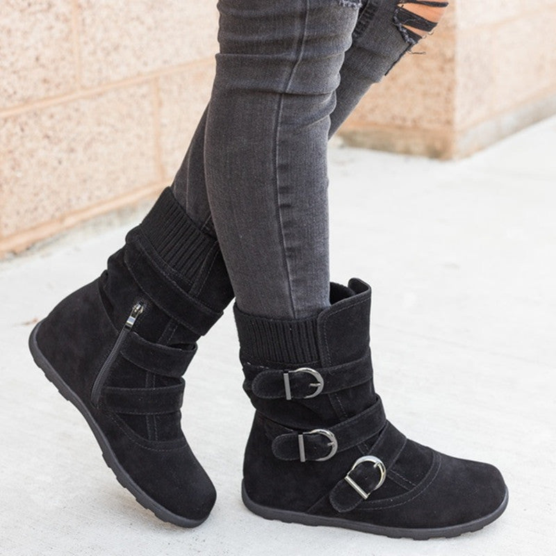 Women's Casual Winter Boots - Strap Buckle Design - Fashions Envy