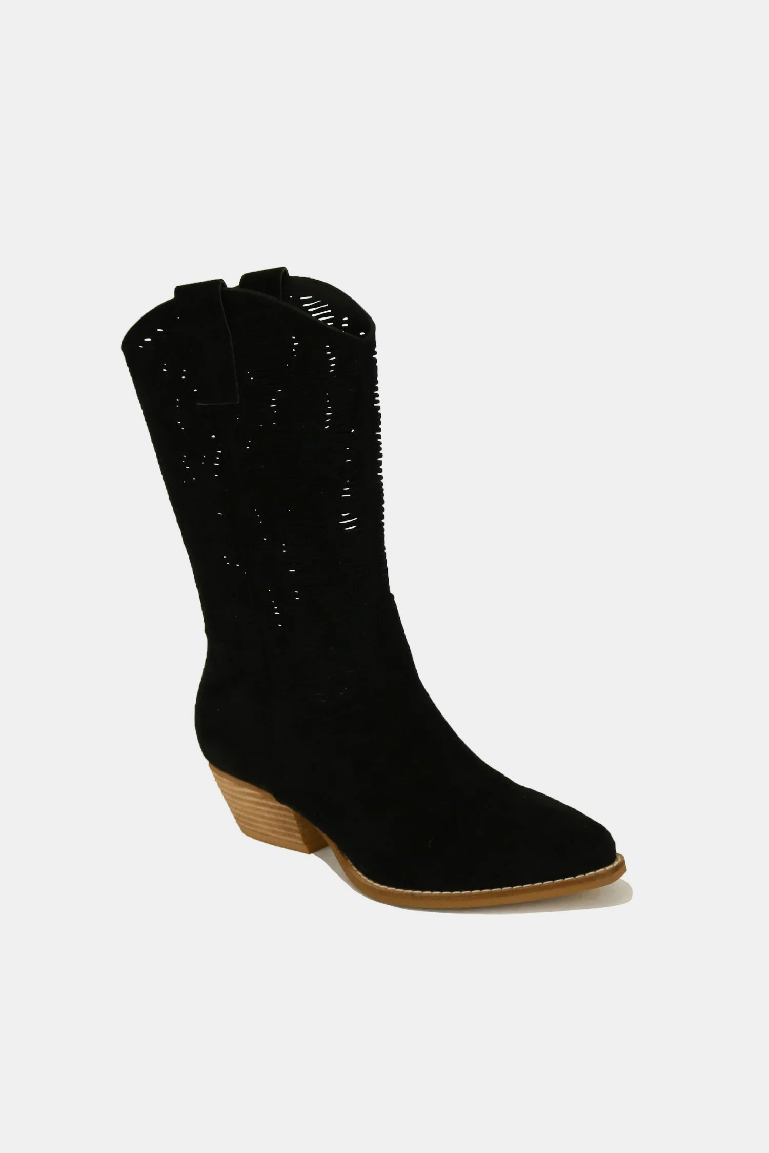 Black Faux Suede Laser Cut Detail Block Heel Boots