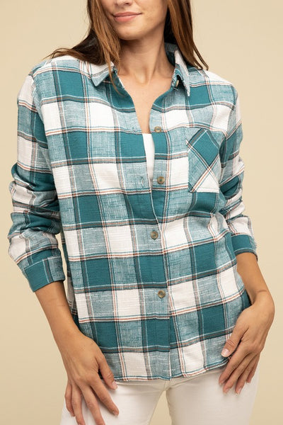 Cotton Plaid Shacket With Front Pocket - Fashions Envy