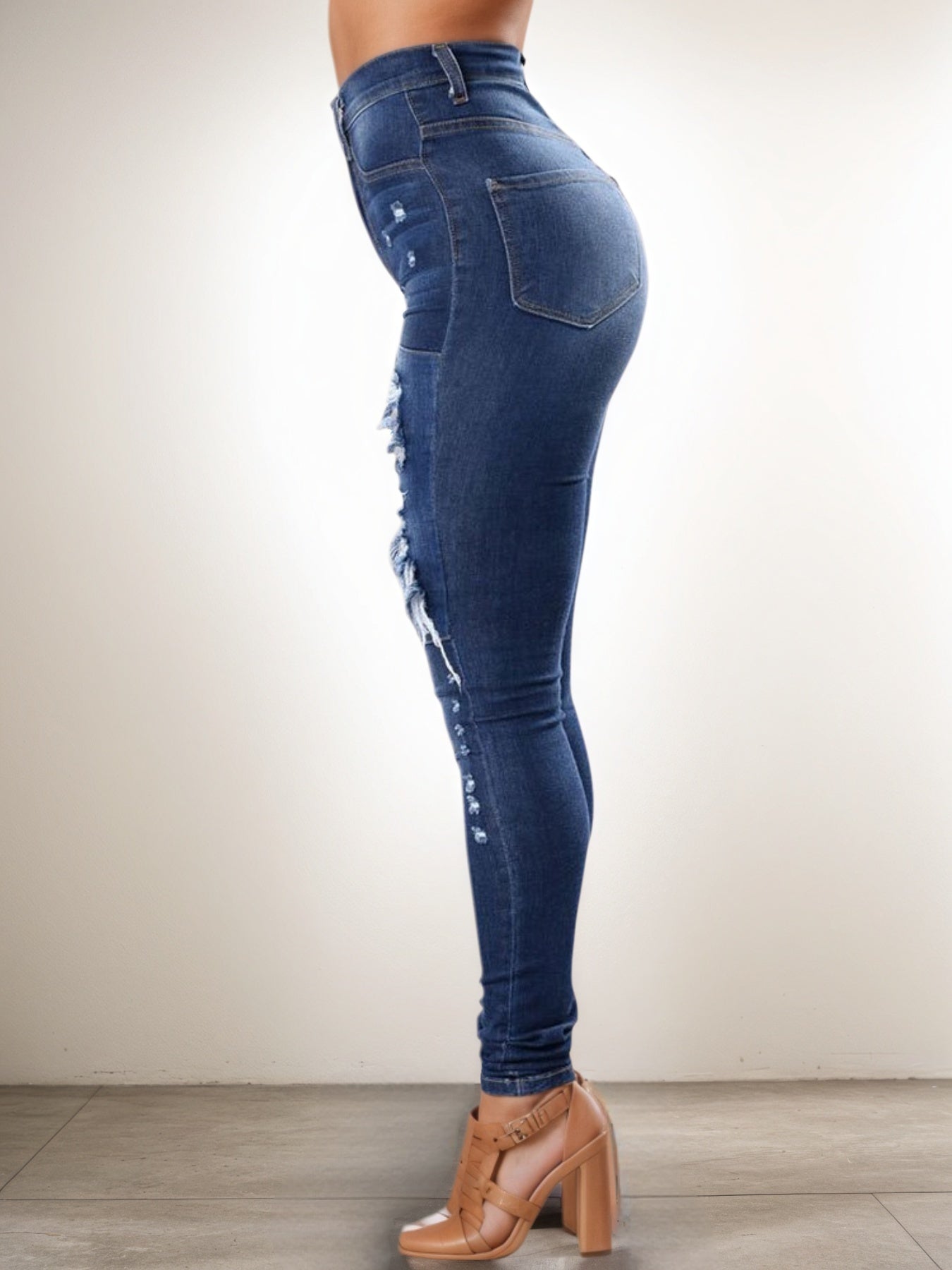 High Waisted Elastic Ripped Jeans - Street Style Comfort - Fashions Envy