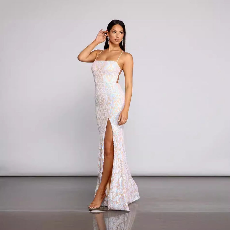 Party Sequin Sexy Dress - White Floral Sleeveless Halter