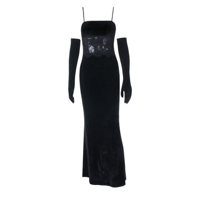 Velvet Evening Gown - Lace Halter with Long Gloves - Fashions Envy