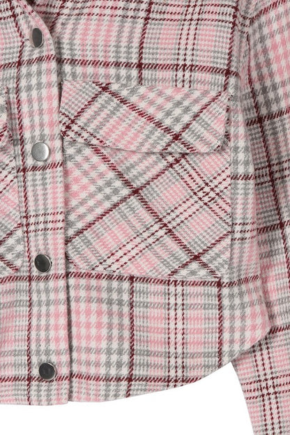 Pink Plaid Long Sleeve Cropped Jacket