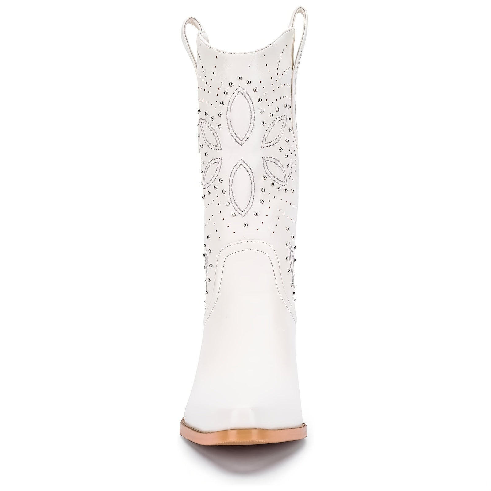 Slip-On Mid-Calf Western Cowgirl Boots with Embroidery & Studded Rivets