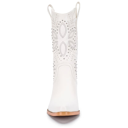 Slip-On Mid-Calf Western Cowgirl Boots with Embroidery & Studded Rivets