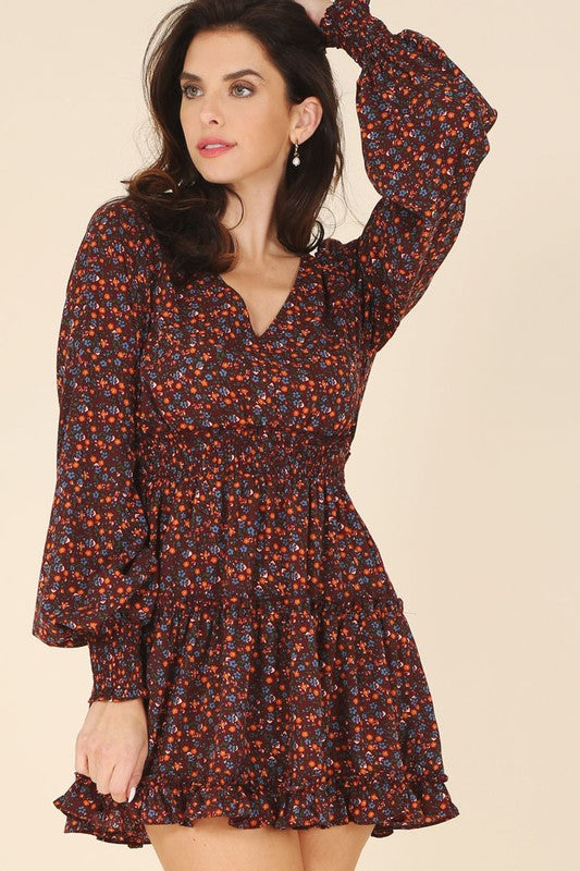 Ditsy Floral V-Neck Long Sleeve Mini Dress