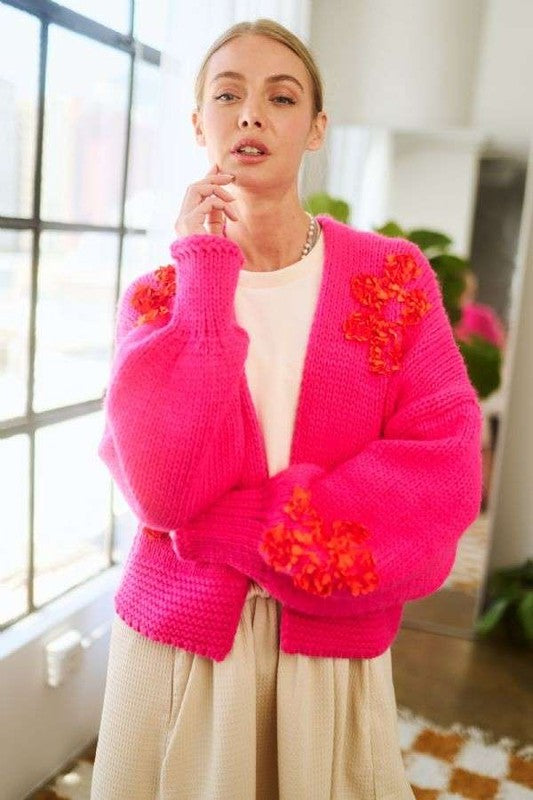 Hot Pink Floral Applique Open Front Drop Shoulder Cardigan