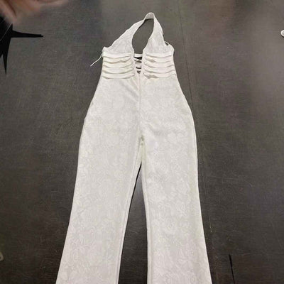 Lace Halter Jumpsuit - Deep V Wide Leg Style - Fashions Envy