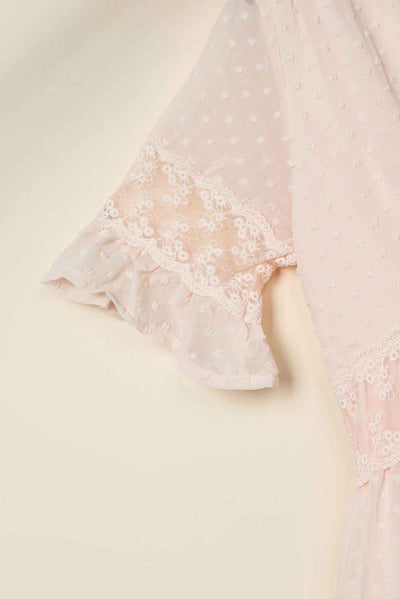 Swiss Dot Ruffle Sleeve Maxi Dress - Pink Lace Trim