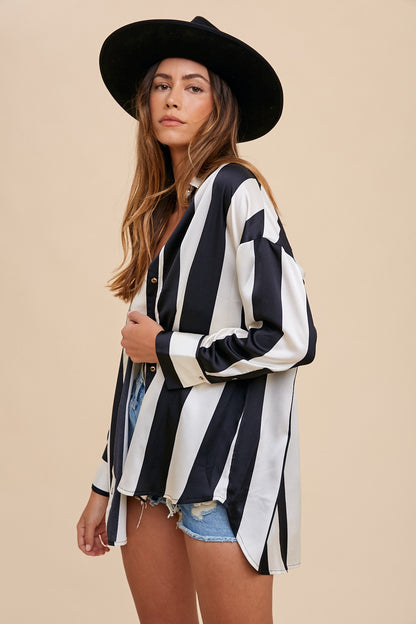 Annie Wear Striped Dropped Shoulder Button Up Shirt