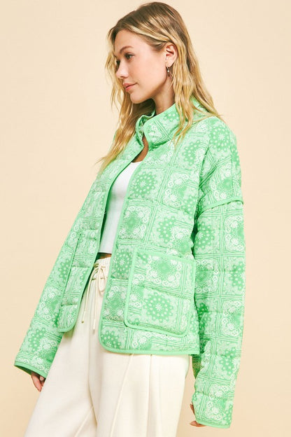 Neon Green Vintage Print Open Front Jacket with Pockets