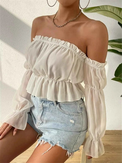 Off-Shoulder Ruffle Trim Sheer Cropped Blouse