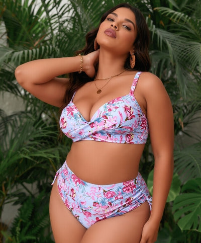 Purple Floral Plus Size Bikini - Halter Tie Neck High Waist