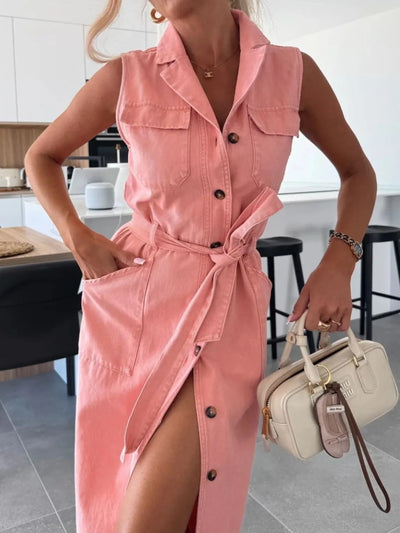 Button Front Sleeveless Denim Dress - Fashions Envy