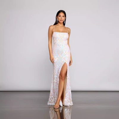 Party Sequin Sexy Dress - White Floral Sleeveless Halter