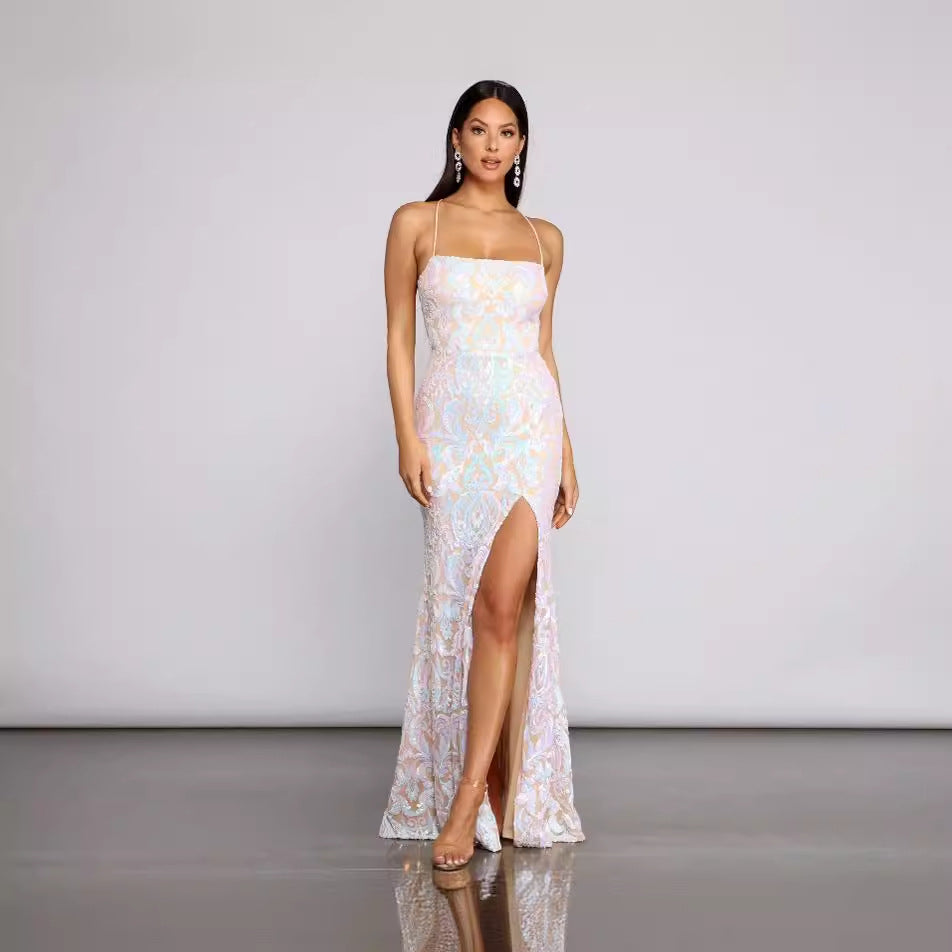 Party Sequin Sexy Dress - White Floral Sleeveless Halter