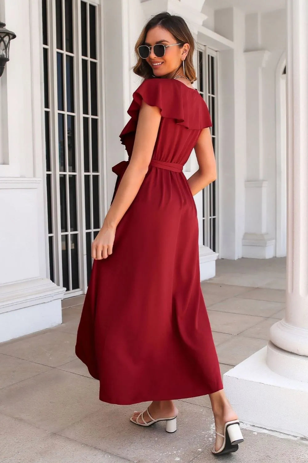 Tied Front Midi Dress - Ruffle Short Sleeve Slit Hem