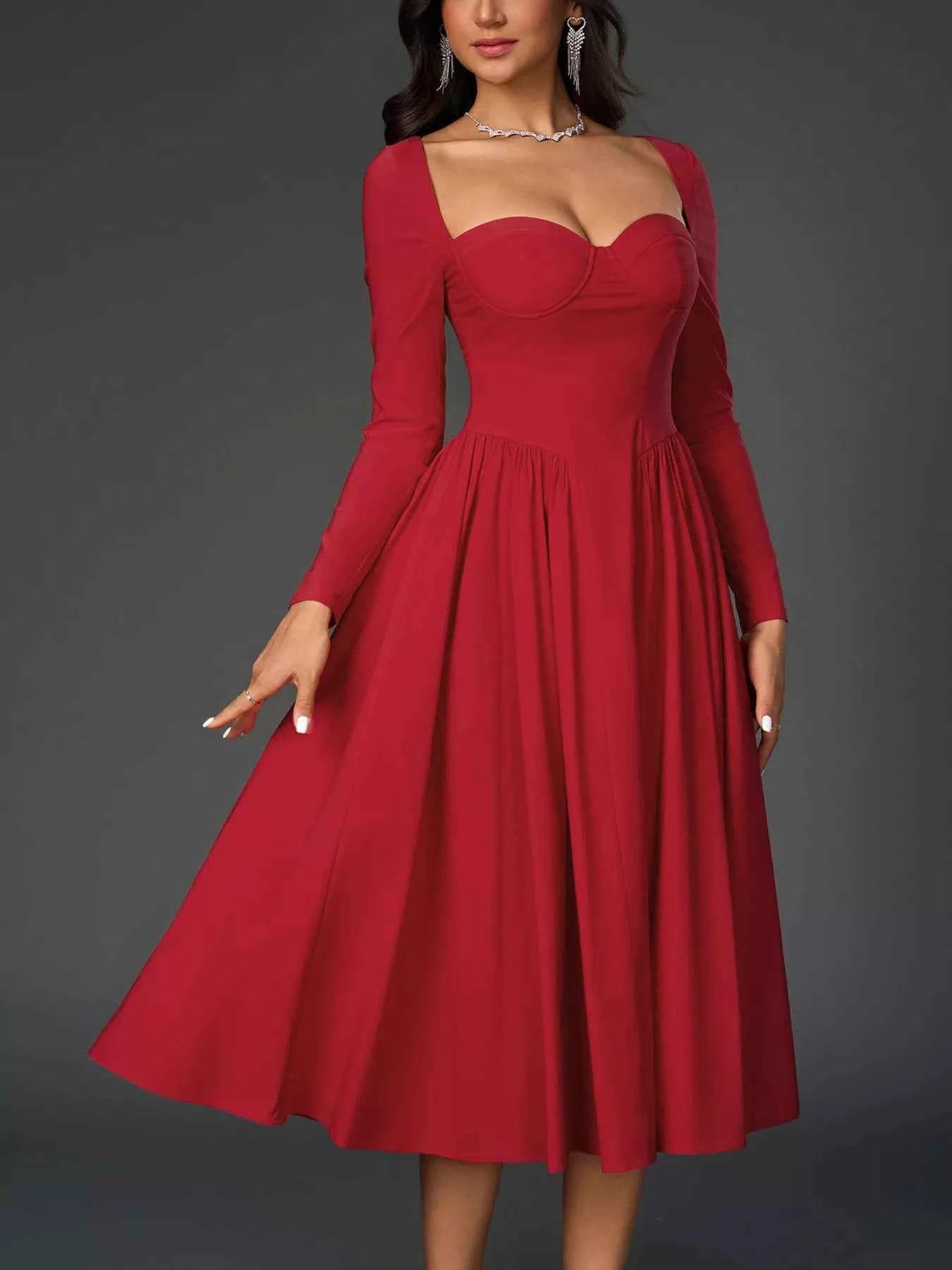 Sweetheart Neckline Long Sleeve A-Line Midi Dress