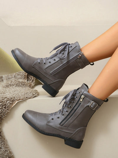 PU Leather Lace-Up Low Heel Zipper Boots