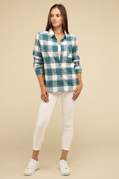 Cotton Plaid Shacket With Front Pocket - Fashions Envy