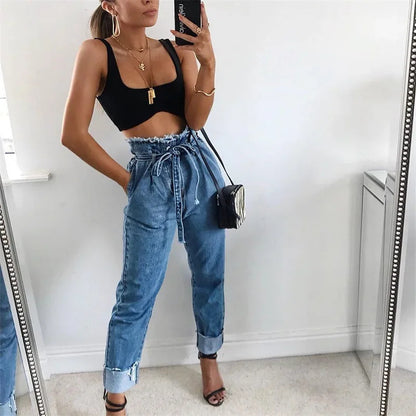 High Waisted Washed Pencil Jeans - Plus Size Denim Pants